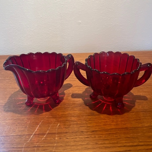 Vintage Imperial Glass Ruby Red Pillar Flute Footed Creamer and Open Sugar - Picture 2 of 8